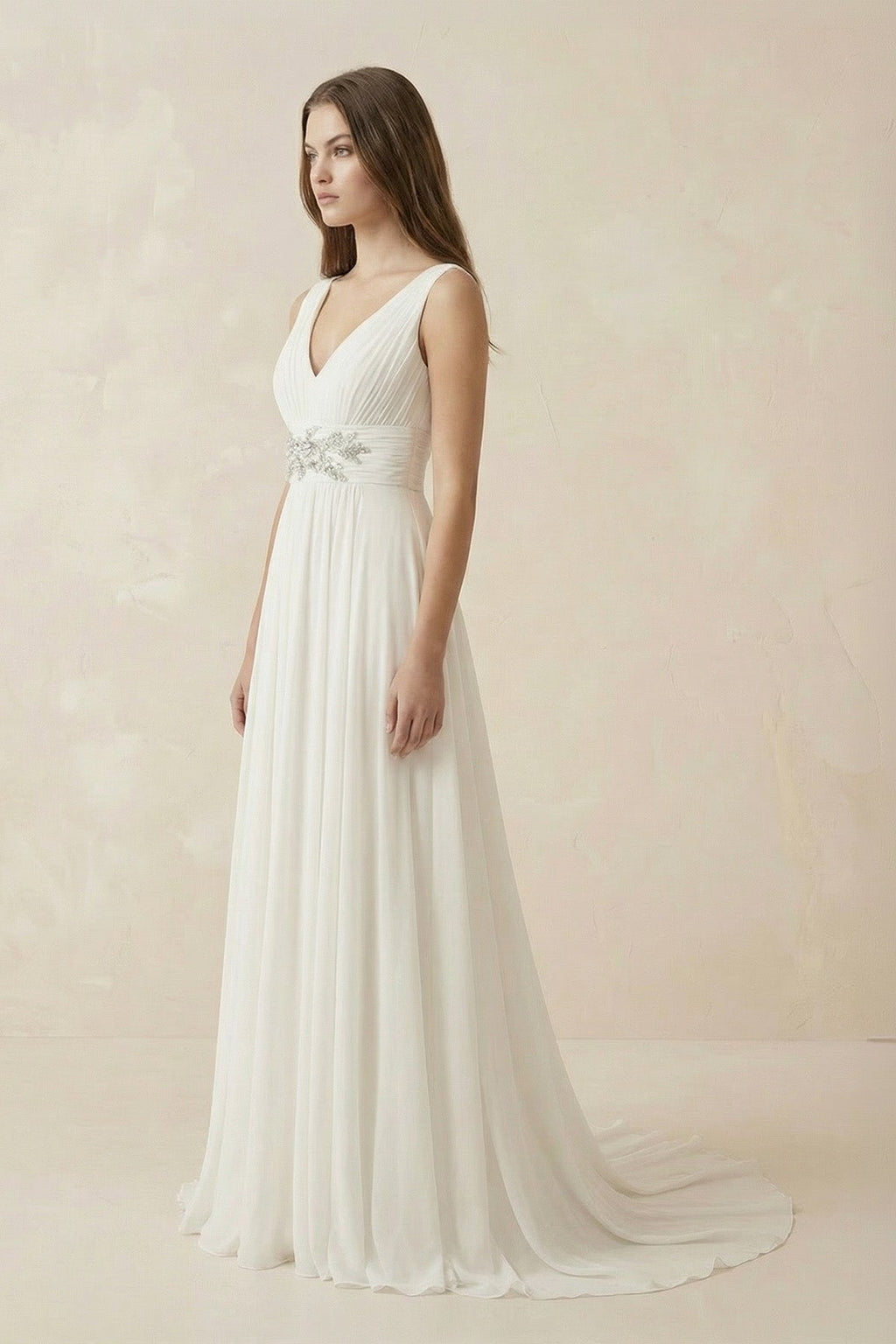 Greek Empire Strapped V-Neck Empire Chiffon Weddig Dress - Curvevia