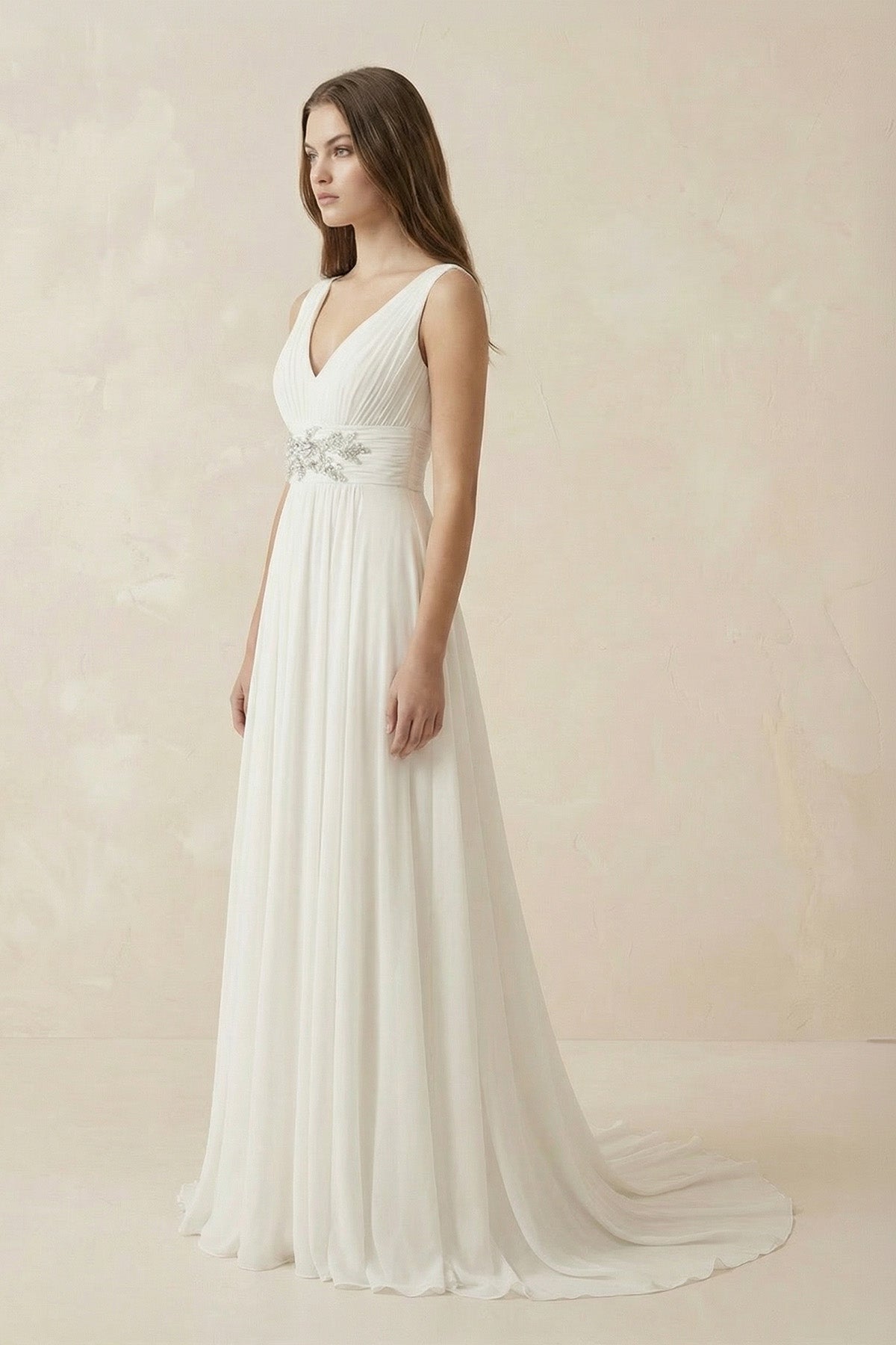 Greek Empire Strapped V-Neck Empire Chiffon Weddig Dress - Curvevia