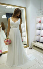 Greek Empire Strapped V-Neck Empire Chiffon Weddig Dress - Curvevia