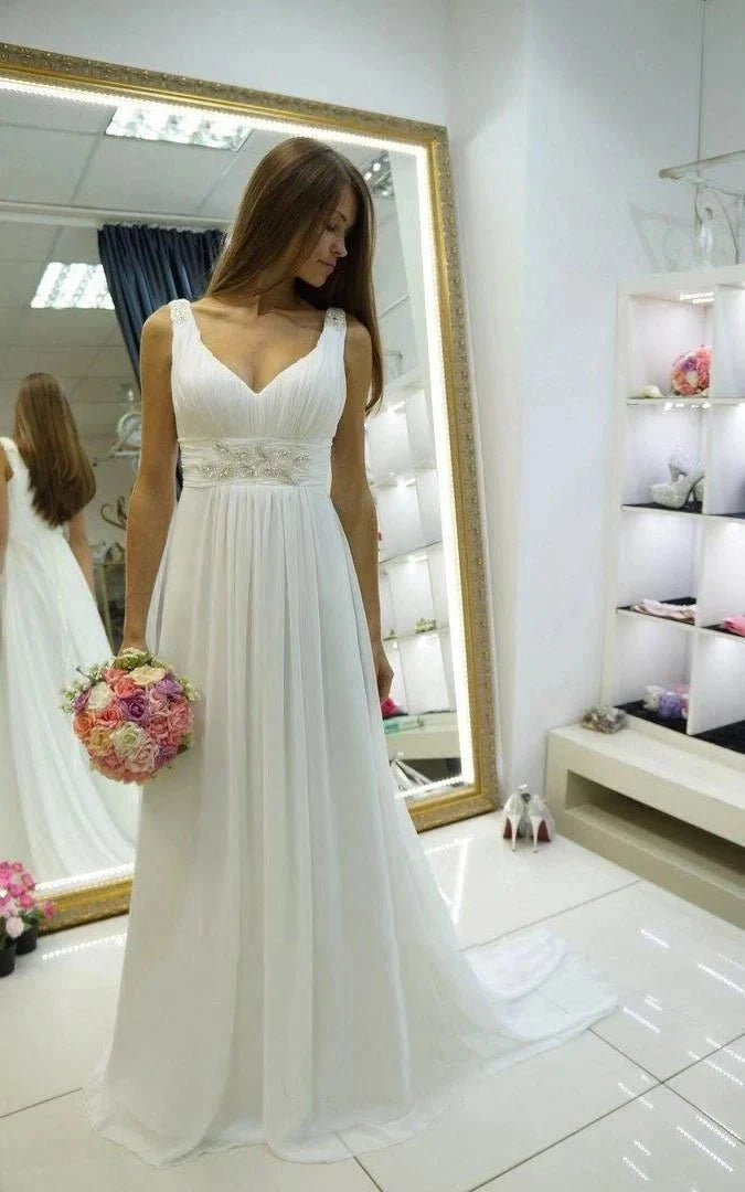 Greek Empire Strapped V-Neck Empire Chiffon Weddig Dress - Curvevia