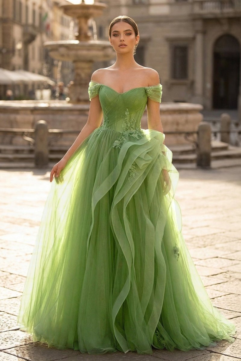 Green A-Line Off Shoulder Long Wedding Guest Dress Lace Long Wedding Guest Dress - Curvevia