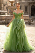 Green A-Line Off Shoulder Long Wedding Guest Dress Lace Long Wedding Guest Dress - Curvevia