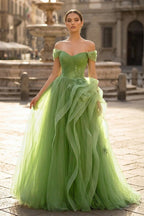 Green A-Line Off Shoulder Long Wedding Guest Dress Lace Long Wedding Guest Dress - Curvevia