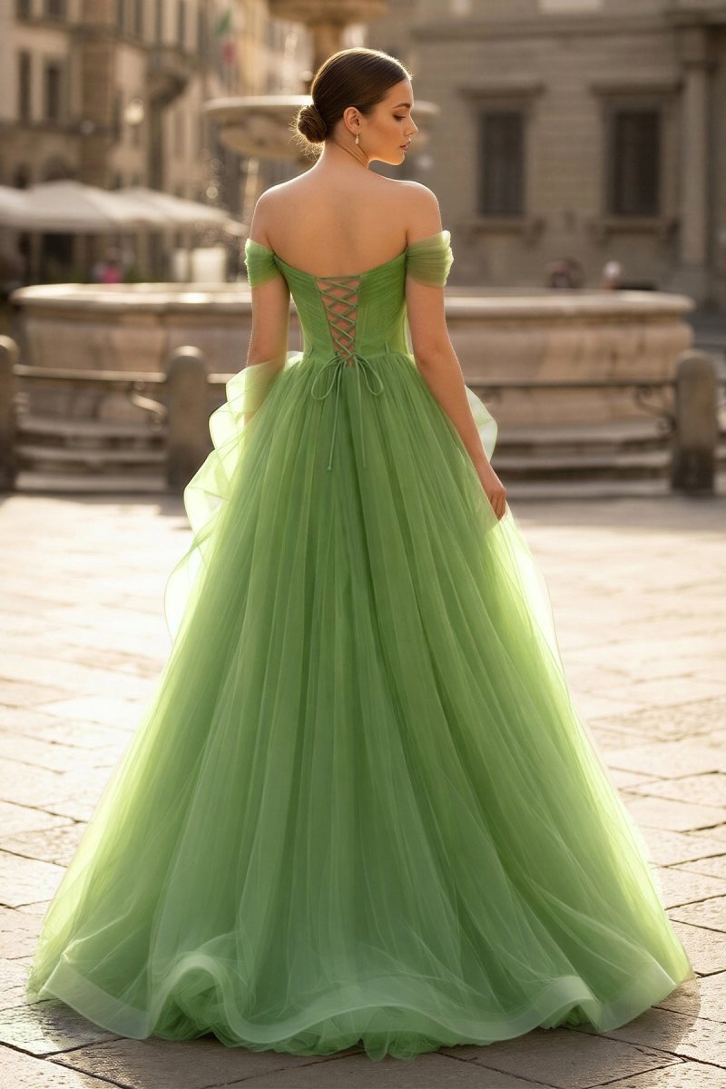Green A-Line Off Shoulder Long Wedding Guest Dress Lace Long Wedding Guest Dress - Curvevia