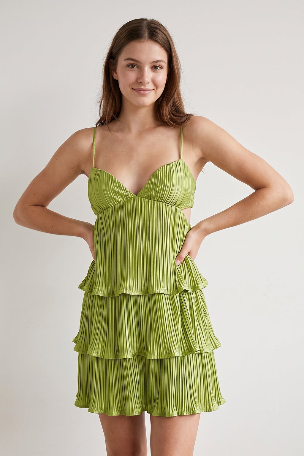 Green A-Line Pleated Spaghetti Straps Homecoming Dress with Ruffles - Curvevia