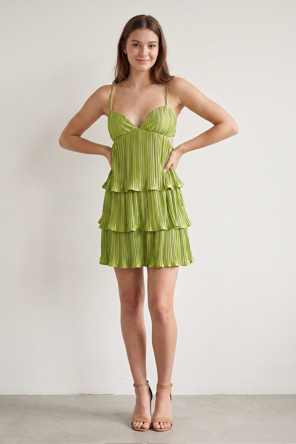 Green A-Line Pleated Spaghetti Straps Homecoming Dress with Ruffles - Curvevia
