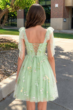 Trendy A Line Spaghetti Straps Short Wedding Guest Dress with Embroidery - Curvevia
