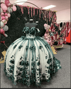 Green Ball Gown Off The Shoulder 3D Flowers Beads Applique Quinceanera Dresses - Curvevia