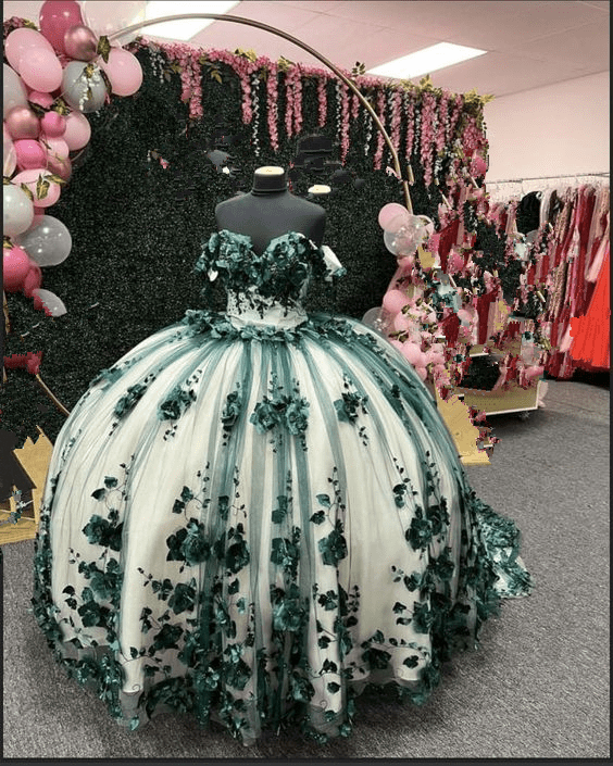 Green Ball Gown Off The Shoulder 3D Flowers Beads Applique Quinceanera Dresses - Curvevia