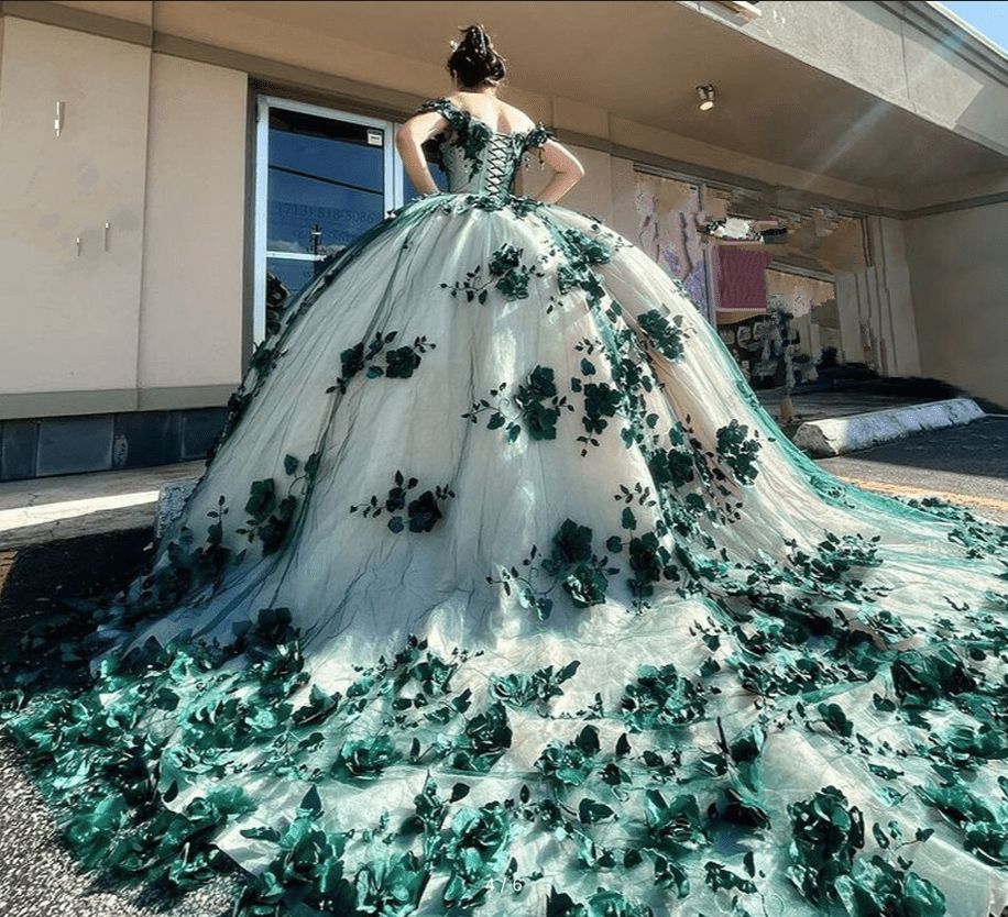 Green Ball Gown Off The Shoulder 3D Flowers Beads Applique Quinceanera Dresses - Curvevia