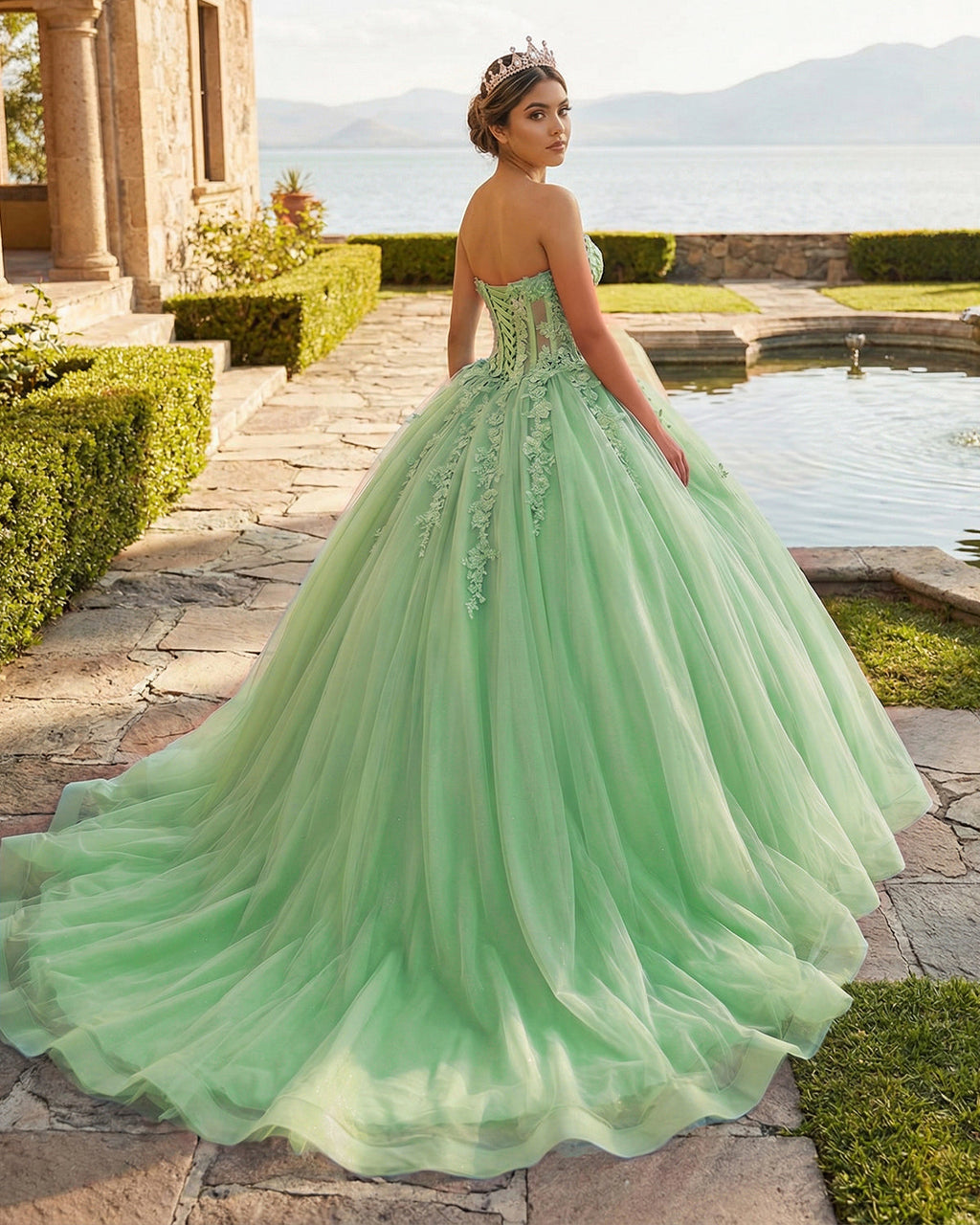 Sky Blue Ball-Gown Tulle 3D Flowers Sweetheart Quinceanera Dresses - Curvevia