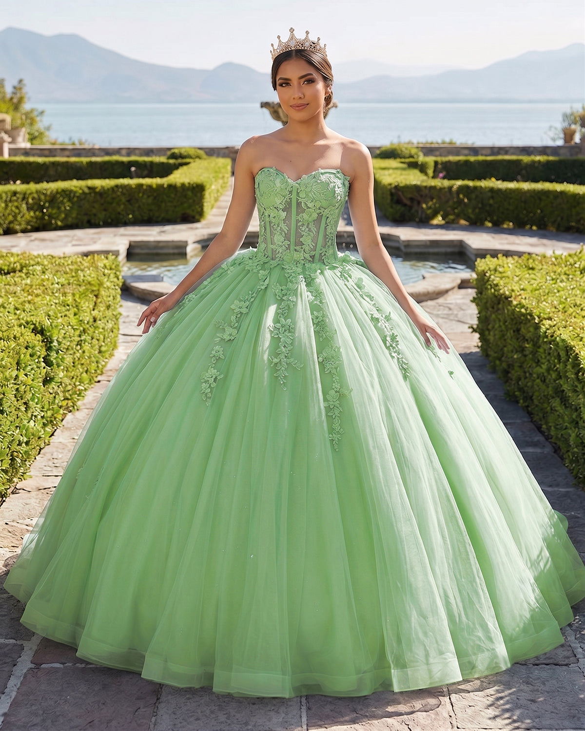 Sky Blue Ball-Gown Tulle 3D Flowers Sweetheart Quinceanera Dresses - Curvevia
