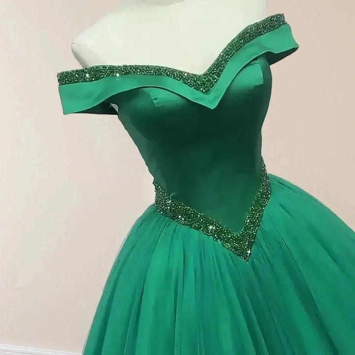 Green Beading Off the Shoulder Sweep-Train Quinceanera Dresses - Curvevia