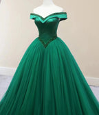 Green Beading Off the Shoulder Sweep-Train Quinceanera Dresses - Curvevia