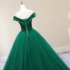 Green Beading Off the Shoulder Sweep-Train Quinceanera Dresses - Curvevia