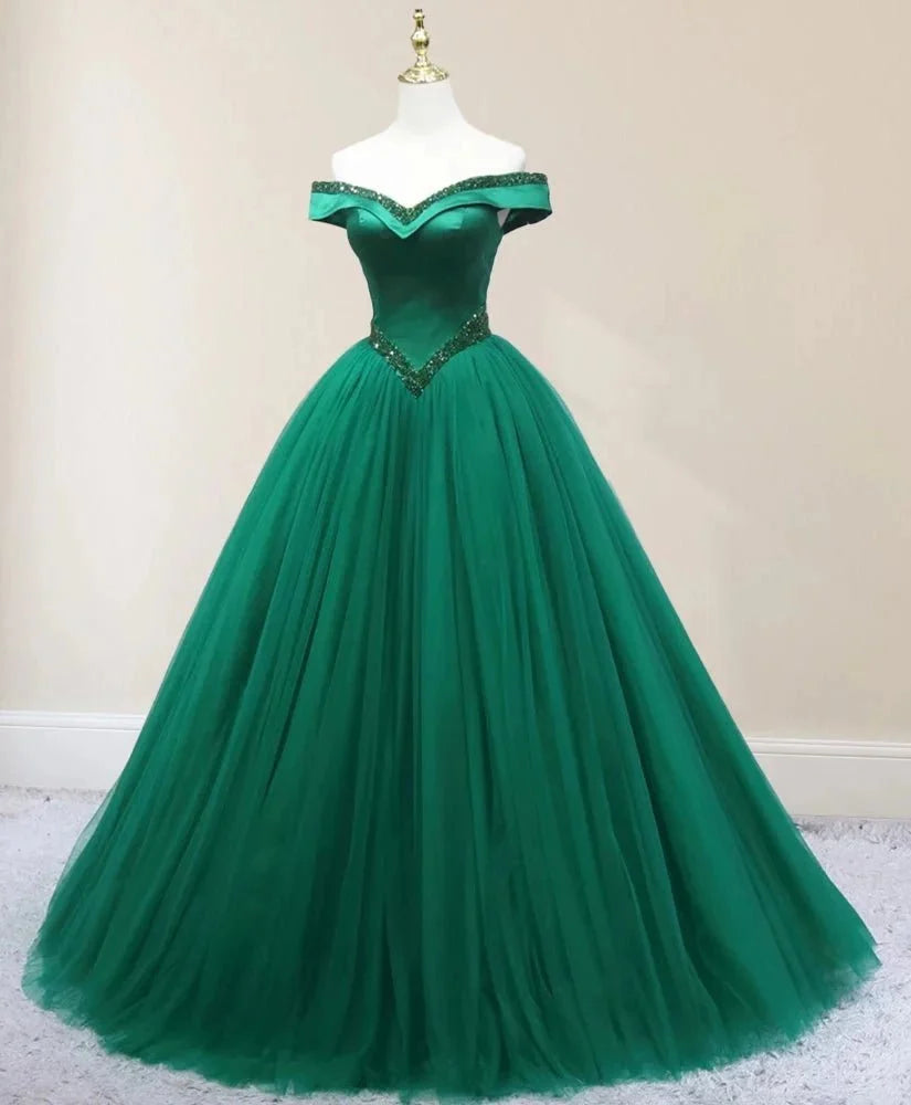 Green Beading Off the Shoulder Sweep-Train Quinceanera Dresses - Curvevia