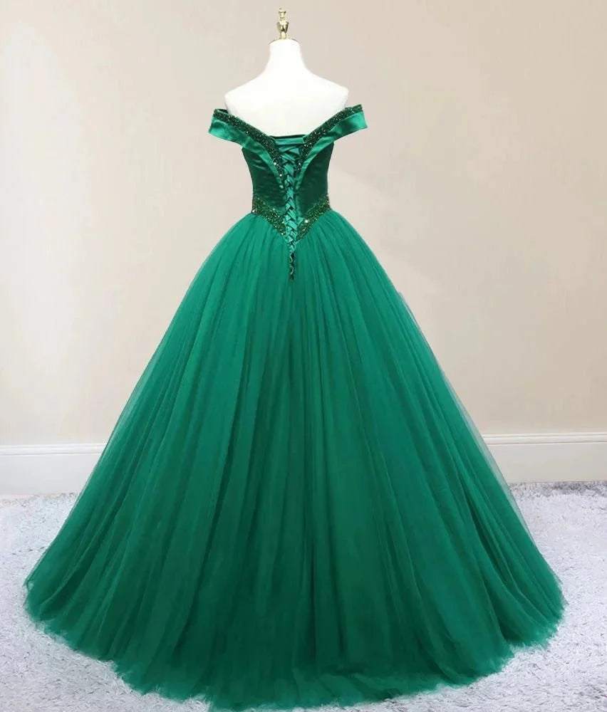 Green Beading Off the Shoulder Sweep-Train Quinceanera Dresses - Curvevia