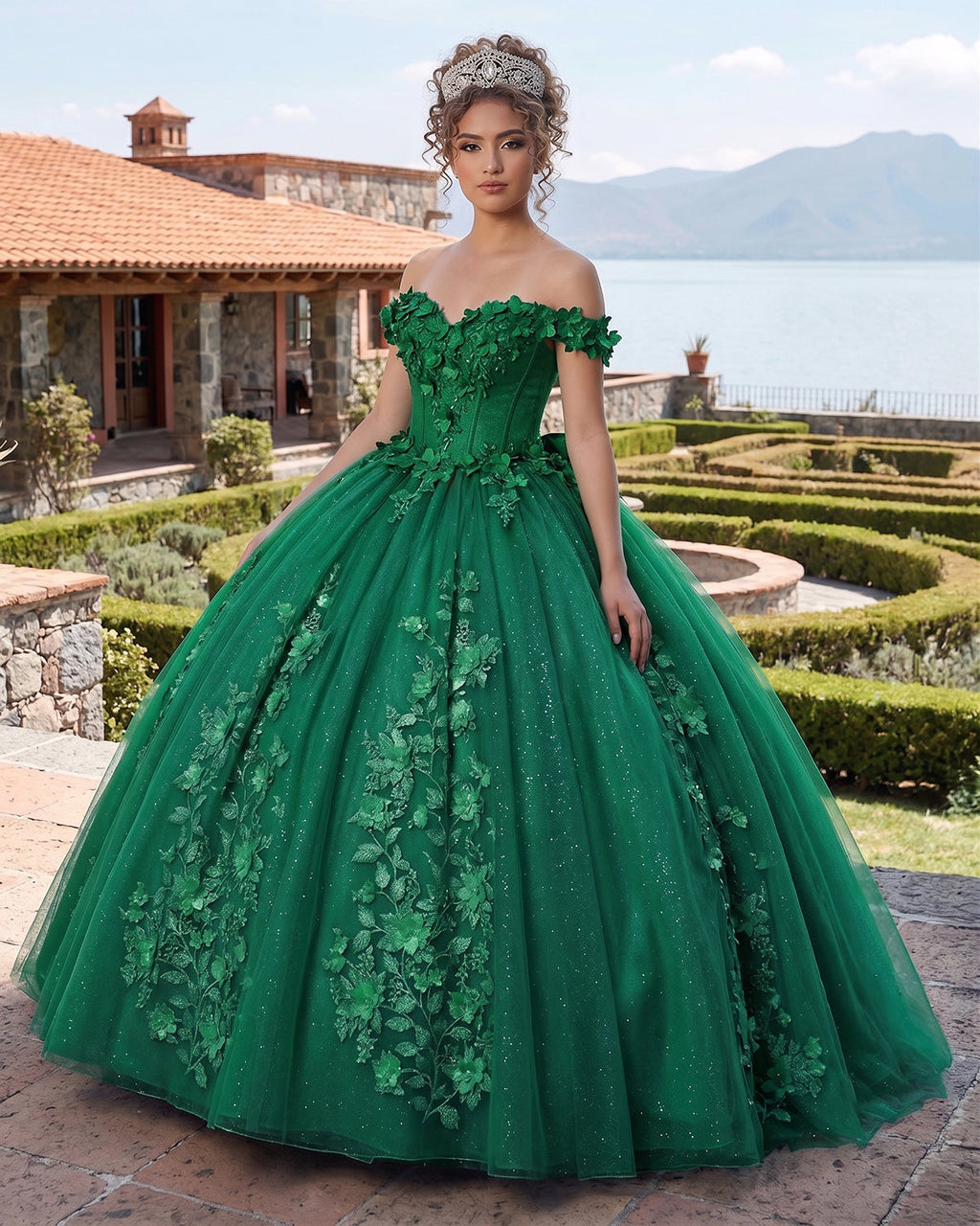 Big Bow Floral Flower Lace Applique Off Shoulder Ball Gown Quinceanera Dresses - Curvevia