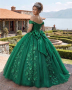 Big Bow Floral Flower Lace Applique Off Shoulder Ball Gown Quinceanera Dresses - Curvevia
