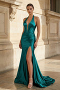 Navy Halter Corset Mermaid Ruched Long Evening Dress with Slit - Curvevia