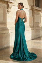 Navy Halter Corset Mermaid Ruched Long Evening Dress with Slit - Curvevia