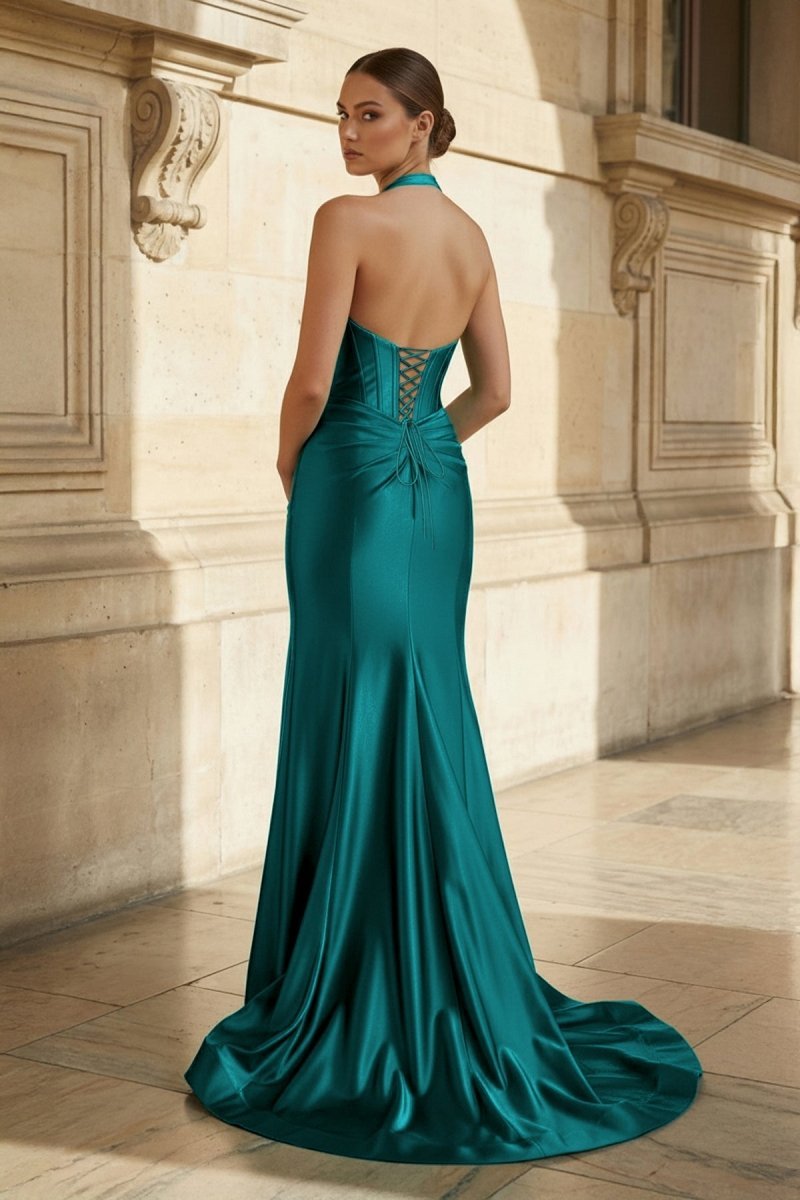 Navy Halter Corset Mermaid Ruched Long Evening Dress with Slit - Curvevia
