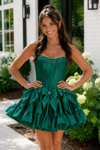 Strapless Black Beaded Short Homecoming Dress with Bow - Curvevia