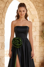 Black Strapless Satin Long Evening Dress With High Split - Curvevia