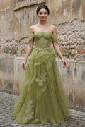 Green Tulle Lace Long Prom Dress with Corset, Green Formal Party Dress - Curvevia