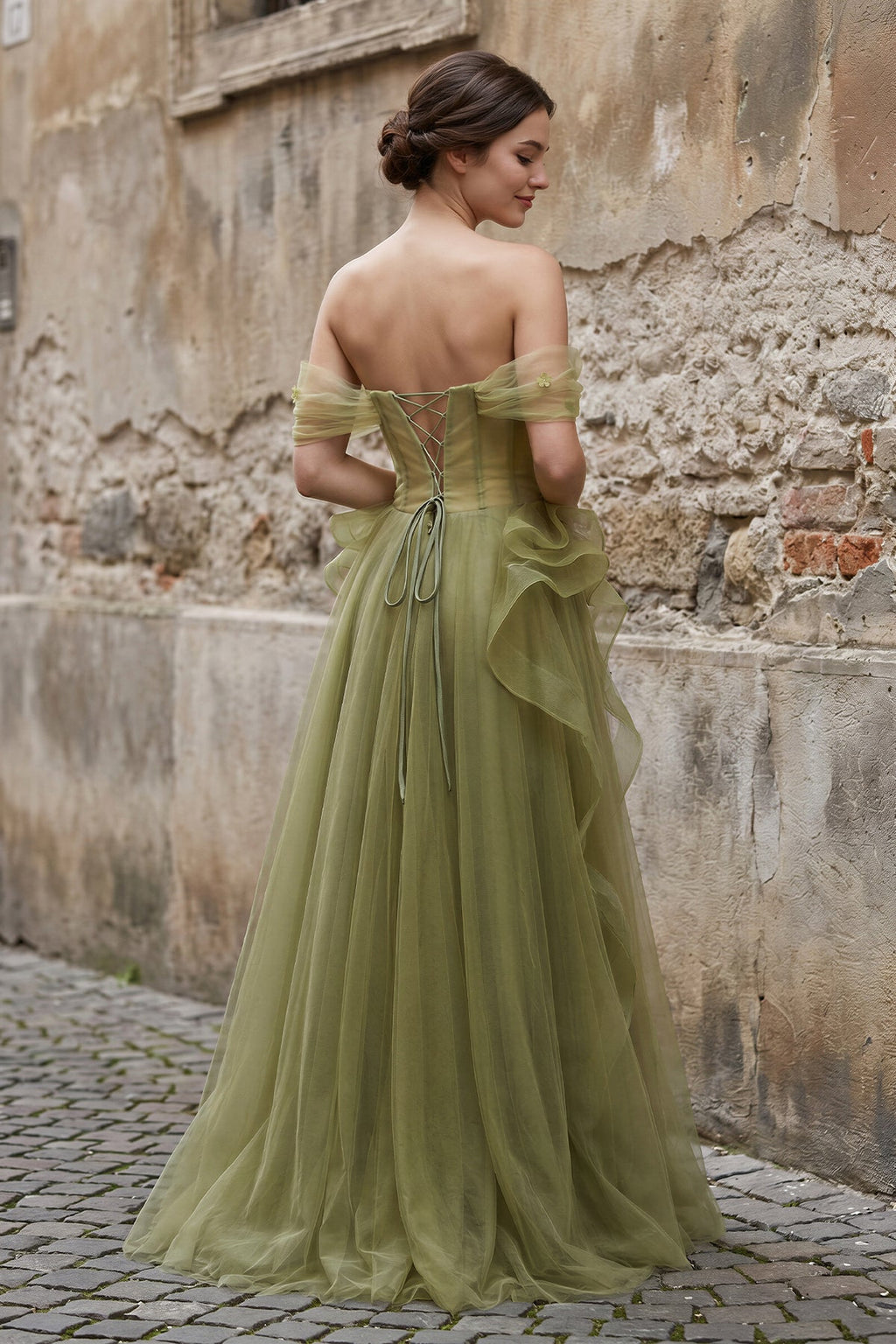 Green Tulle Lace Long Prom Dress with Corset, Green Formal Party Dress - Curvevia