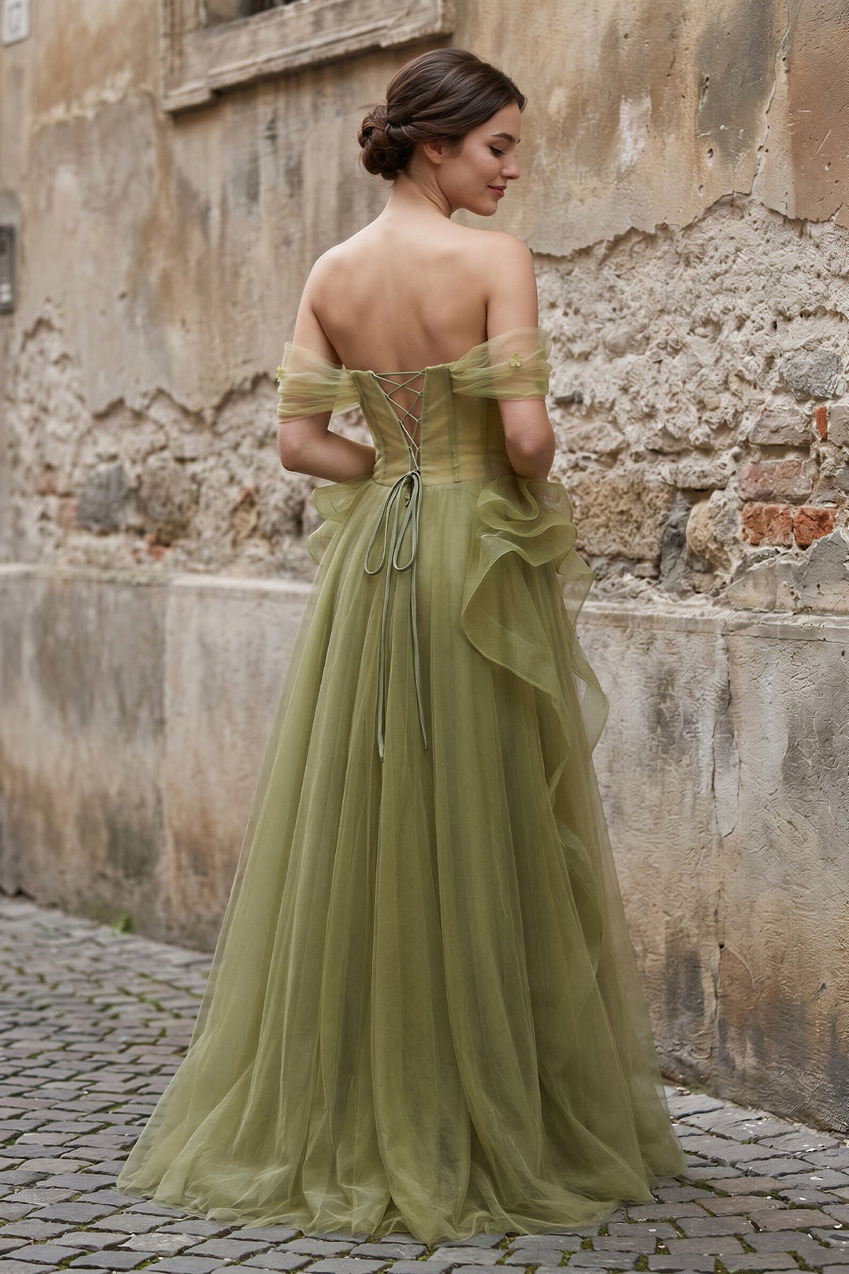 Green Tulle Lace Long Prom Dress with Corset, Green Formal Party Dress - Curvevia