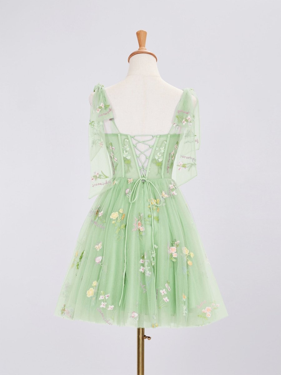 Trendy A Line Spaghetti Straps Short Wedding Guest Dress with Embroidery - Curvevia