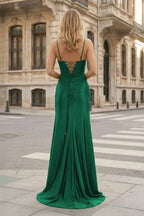 Sheath Spaghetti Straps Black Satin Long Prom Dresses with Lace Appliques - Curvevia