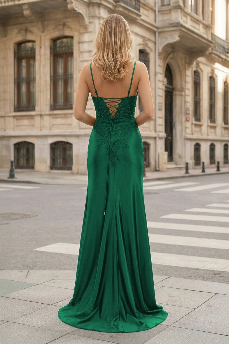 Sheath Spaghetti Straps Black Satin Long Prom Dresses with Lace Appliques - Curvevia