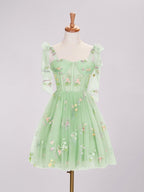 Trendy A Line Spaghetti Straps Short Wedding Guest Dress with Embroidery - Curvevia