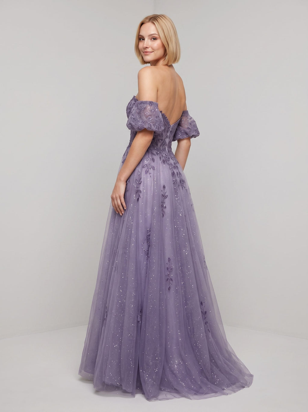 Purple Glitter Tulle A-Line Sweetheart Corset Back Floor-Length Dress with Detachable Sleeves - Curvevia