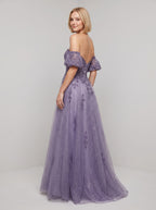 Purple Glitter Tulle A-Line Sweetheart Corset Back Floor-Length Dress with Detachable Sleeves - Curvevia