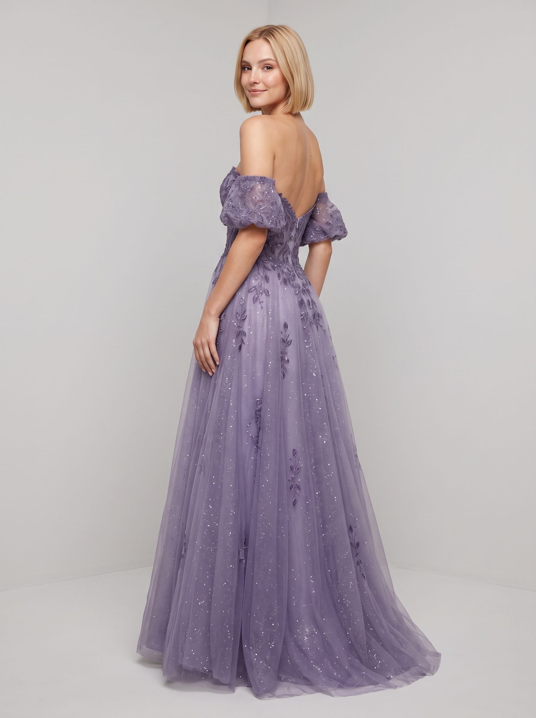 Purple Glitter Tulle A-Line Sweetheart Corset Back Floor-Length Dress with Detachable Sleeves - Curvevia