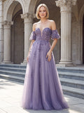 Purple Glitter Tulle A-Line Sweetheart Corset Back Floor-Length Dress with Detachable Sleeves - Curvevia