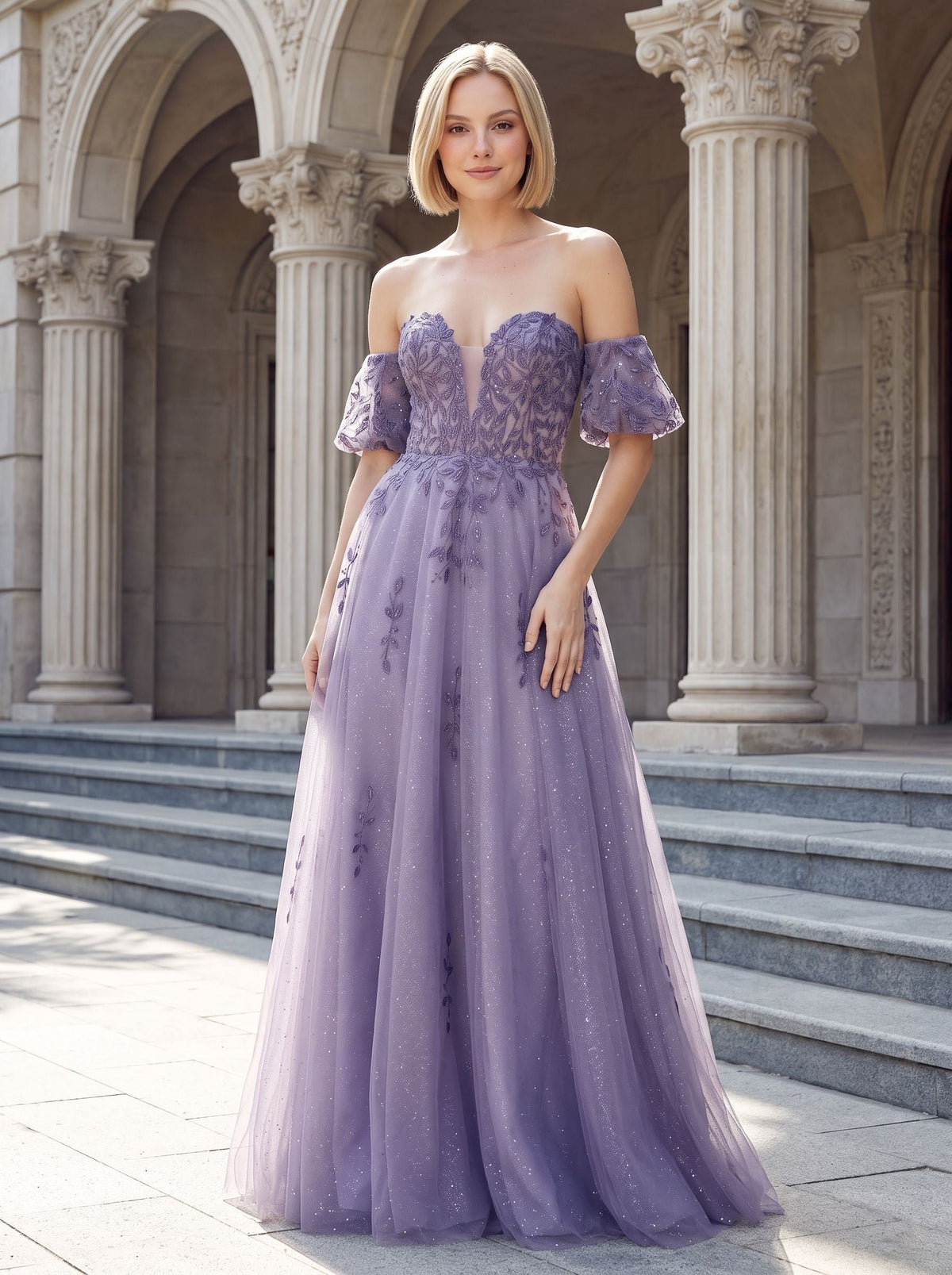 Purple Glitter Tulle A-Line Sweetheart Corset Back Floor-Length Dress with Detachable Sleeves - Curvevia