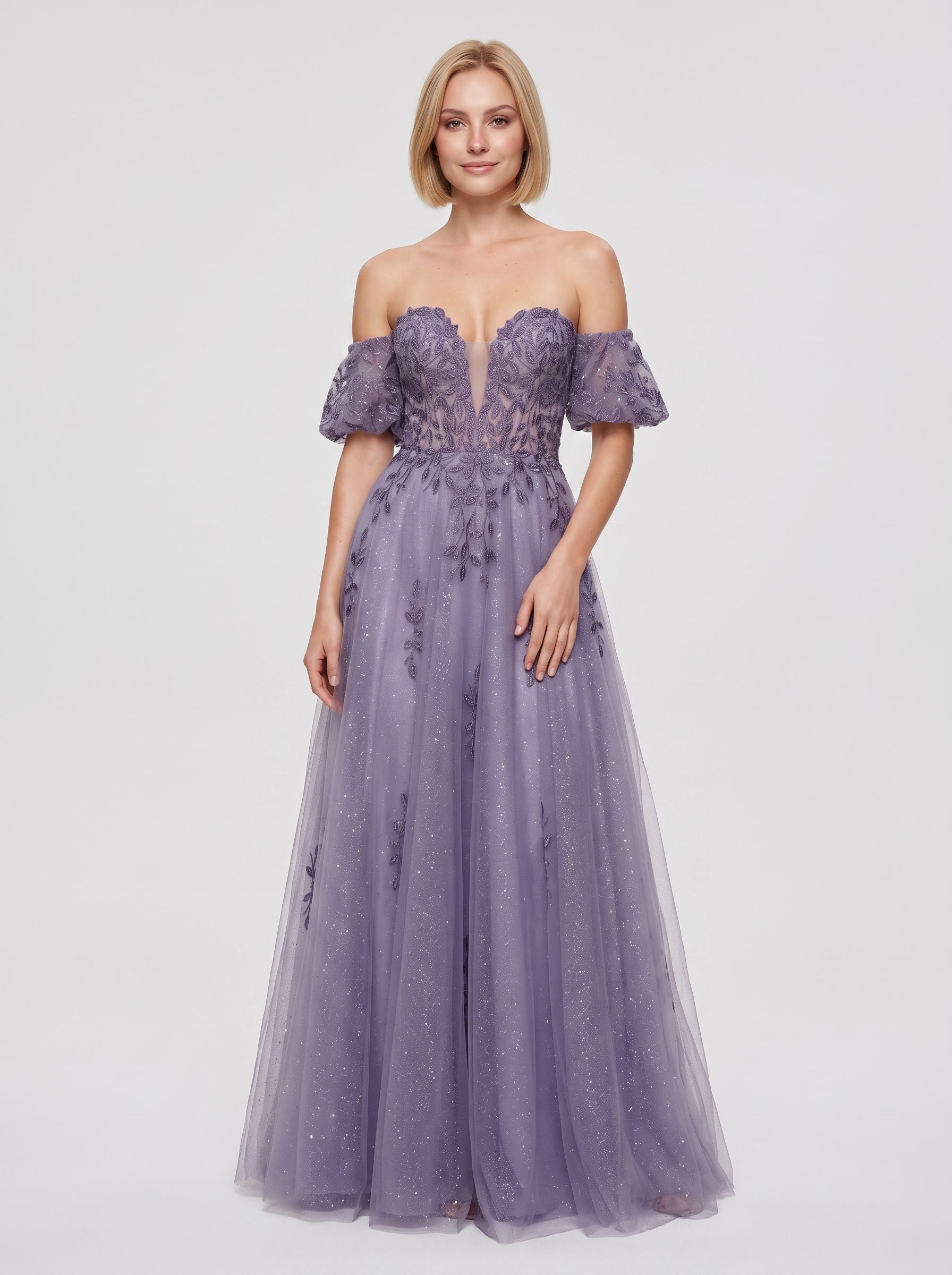 Purple Glitter Tulle A-Line Sweetheart Corset Back Floor-Length Dress with Detachable Sleeves - Curvevia