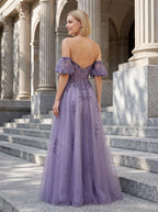 Purple Glitter Tulle A-Line Sweetheart Corset Back Floor-Length Dress with Detachable Sleeves - Curvevia