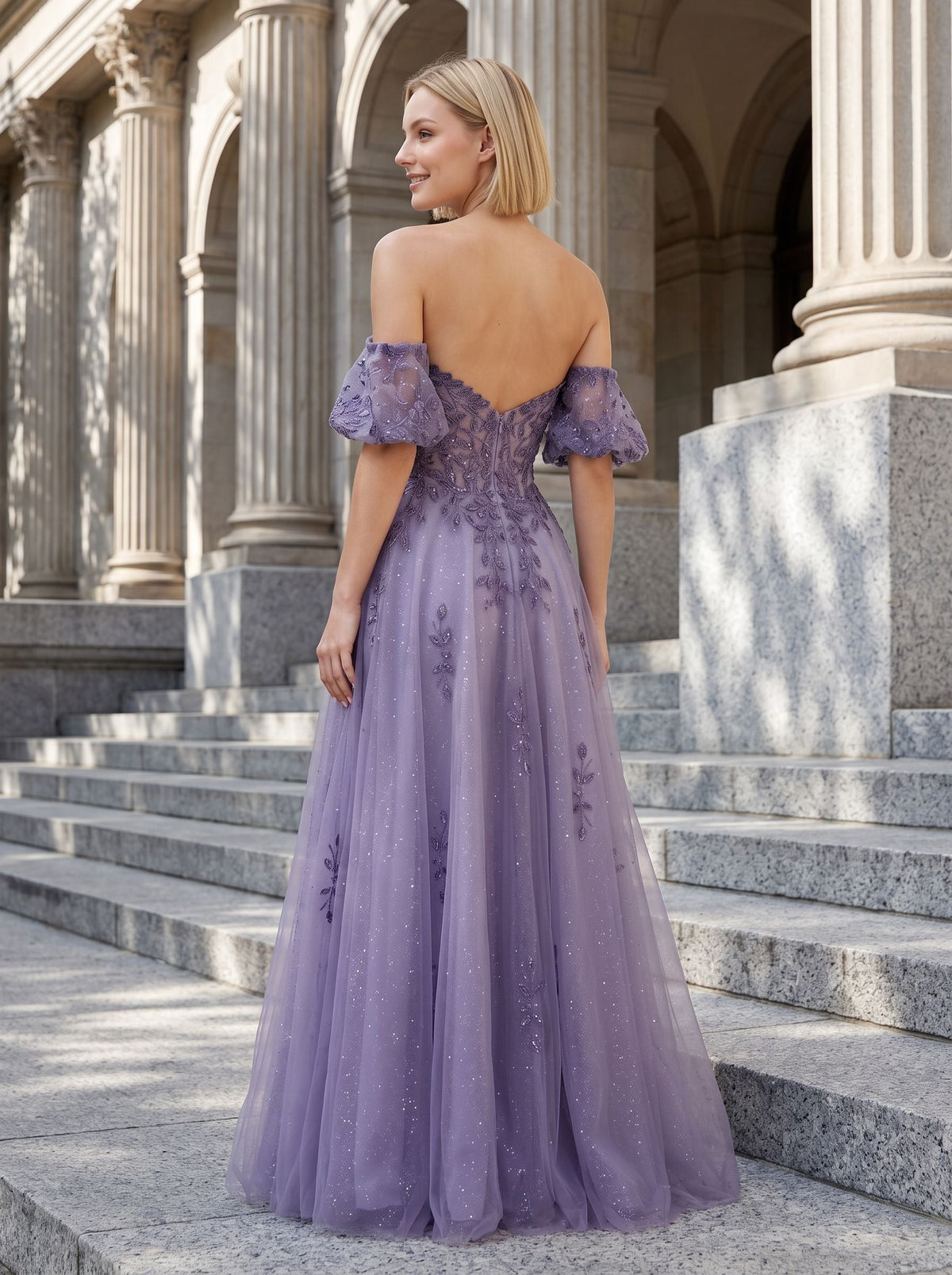 Purple Glitter Tulle A-Line Sweetheart Corset Back Floor-Length Dress with Detachable Sleeves - Curvevia