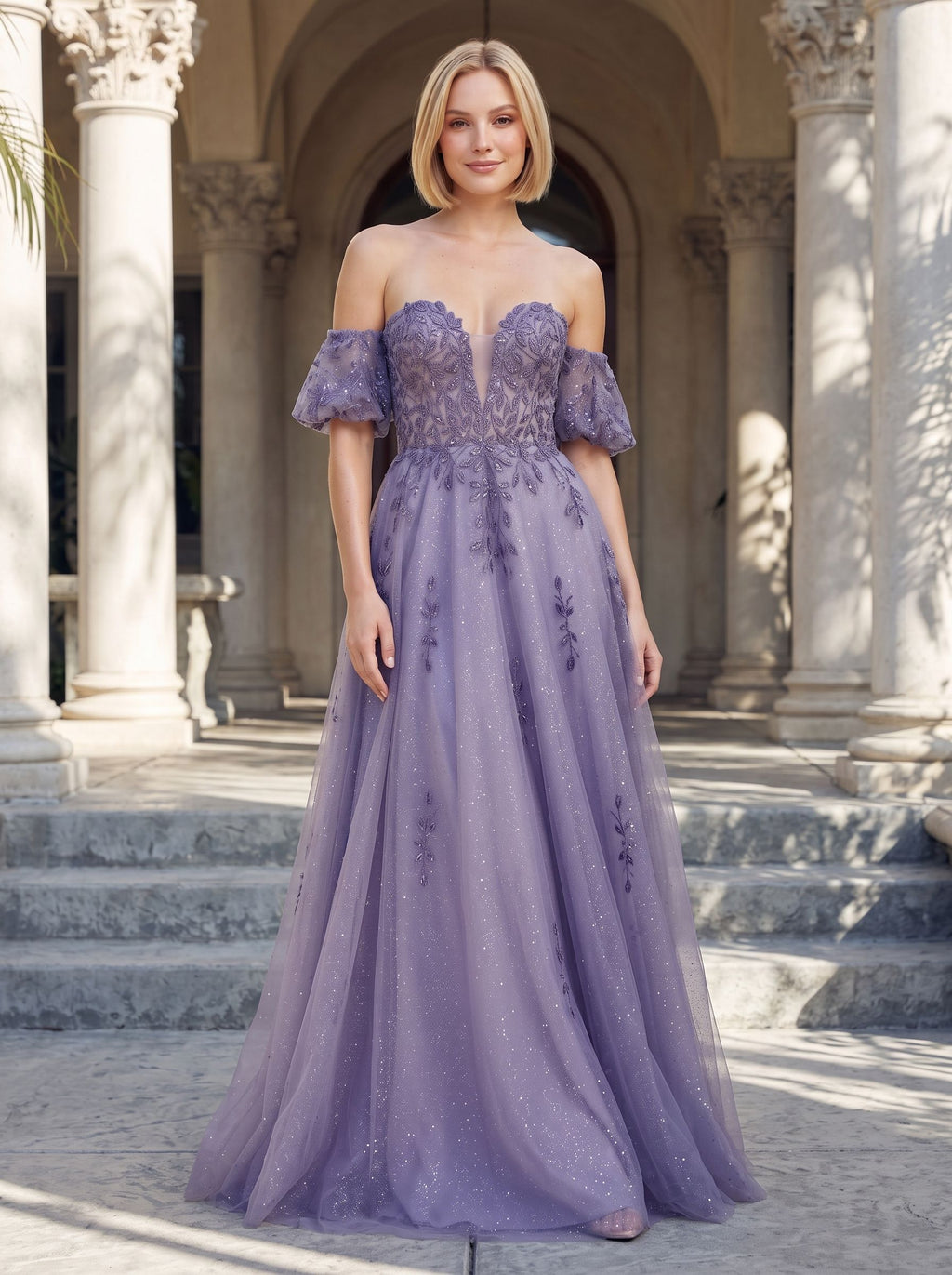 Purple Glitter Tulle A-Line Sweetheart Corset Back Floor-Length Dress with Detachable Sleeves - Curvevia