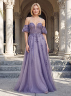 Purple Glitter Tulle A-Line Sweetheart Corset Back Floor-Length Dress with Detachable Sleeves - Curvevia