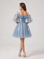 Dusty Blue Tulle A-Line Criss-Cross Straps Back Zip Short Dress with Lace Appliques - Curvevia