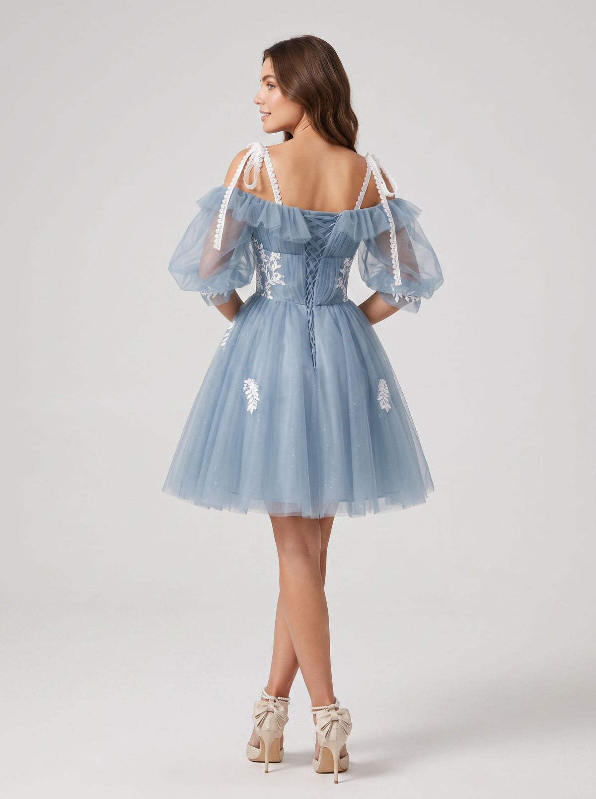 Dusty Blue Tulle A-Line Criss-Cross Straps Back Zip Short Dress with Lace Appliques - Curvevia