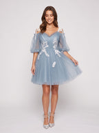 Dusty Blue Tulle A-Line Criss-Cross Straps Back Zip Short Dress with Lace Appliques - Curvevia