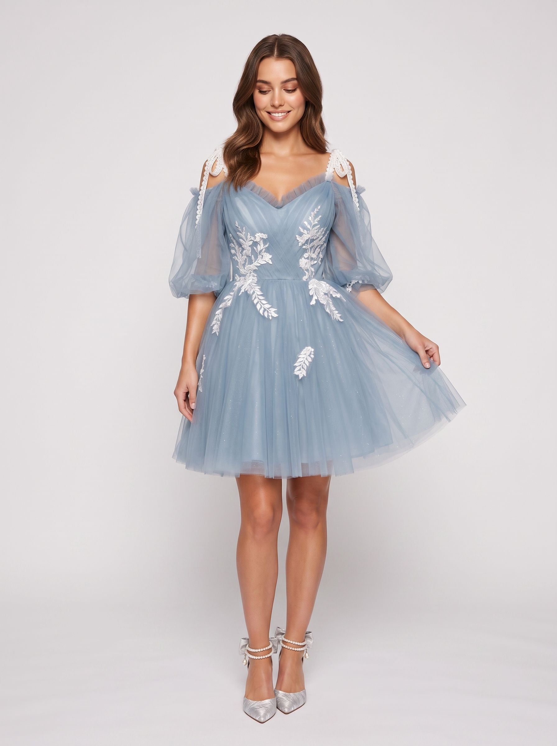 Dusty Blue Tulle A-Line Criss-Cross Straps Back Zip Short Dress with Lace Appliques - Curvevia