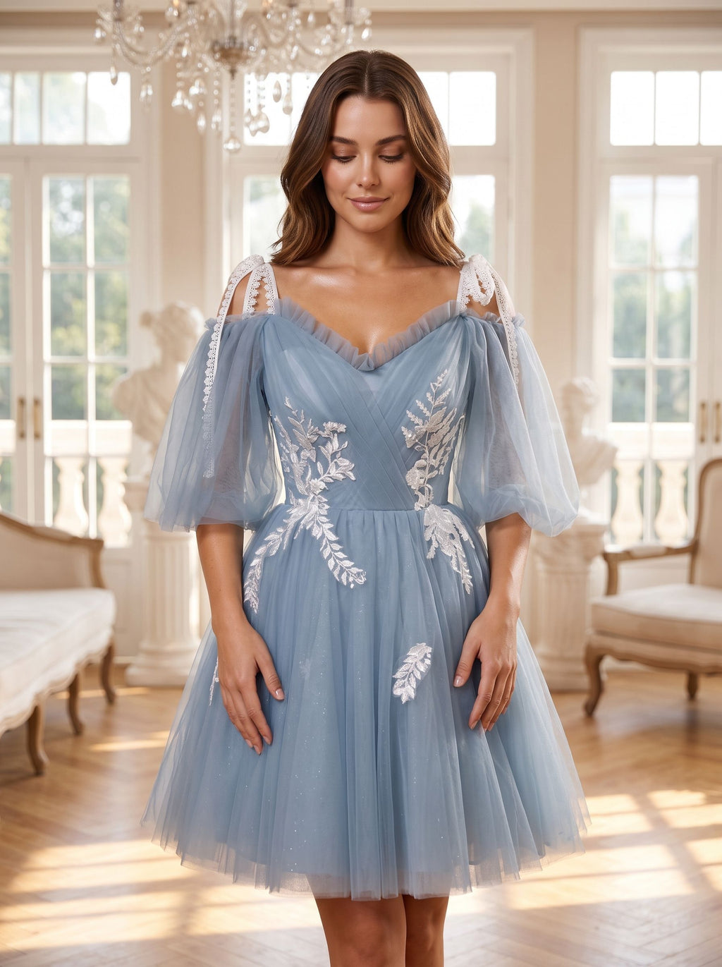 Dusty Blue Tulle A-Line Criss-Cross Straps Back Zip Short Dress with Lace Appliques - Curvevia